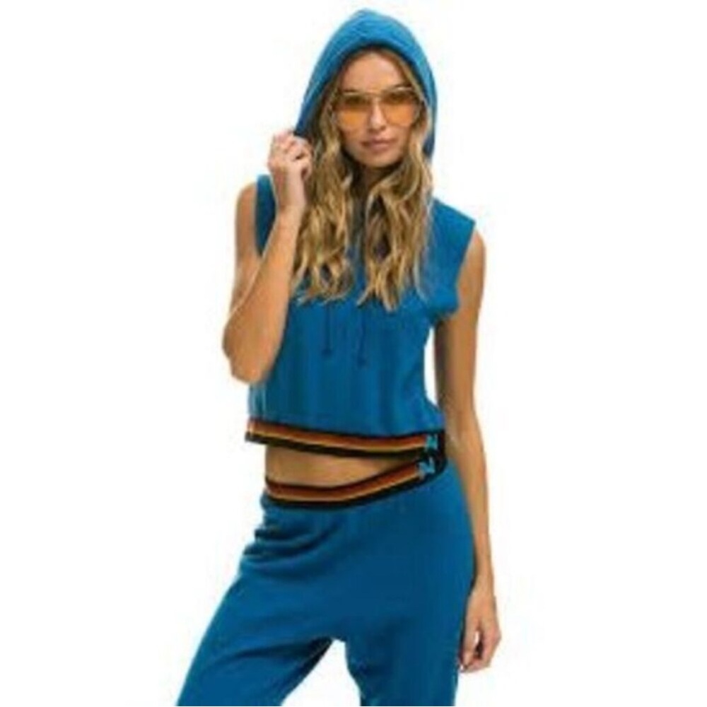 Aviator Nation Logo Striped sleeveless hoodie.